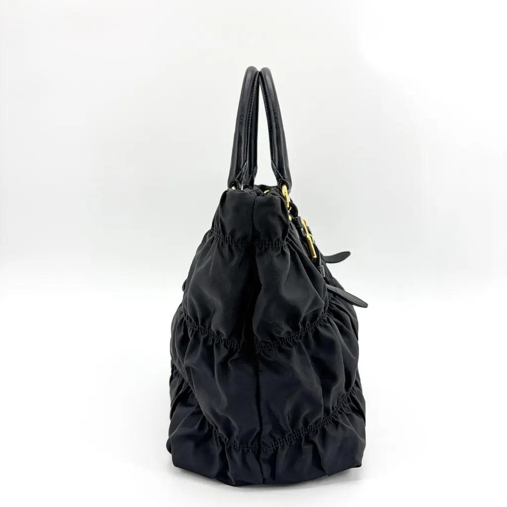 Prada Tessuto Gaufre Shirred Tote Bag Black Black Polyamide Good - Model View
