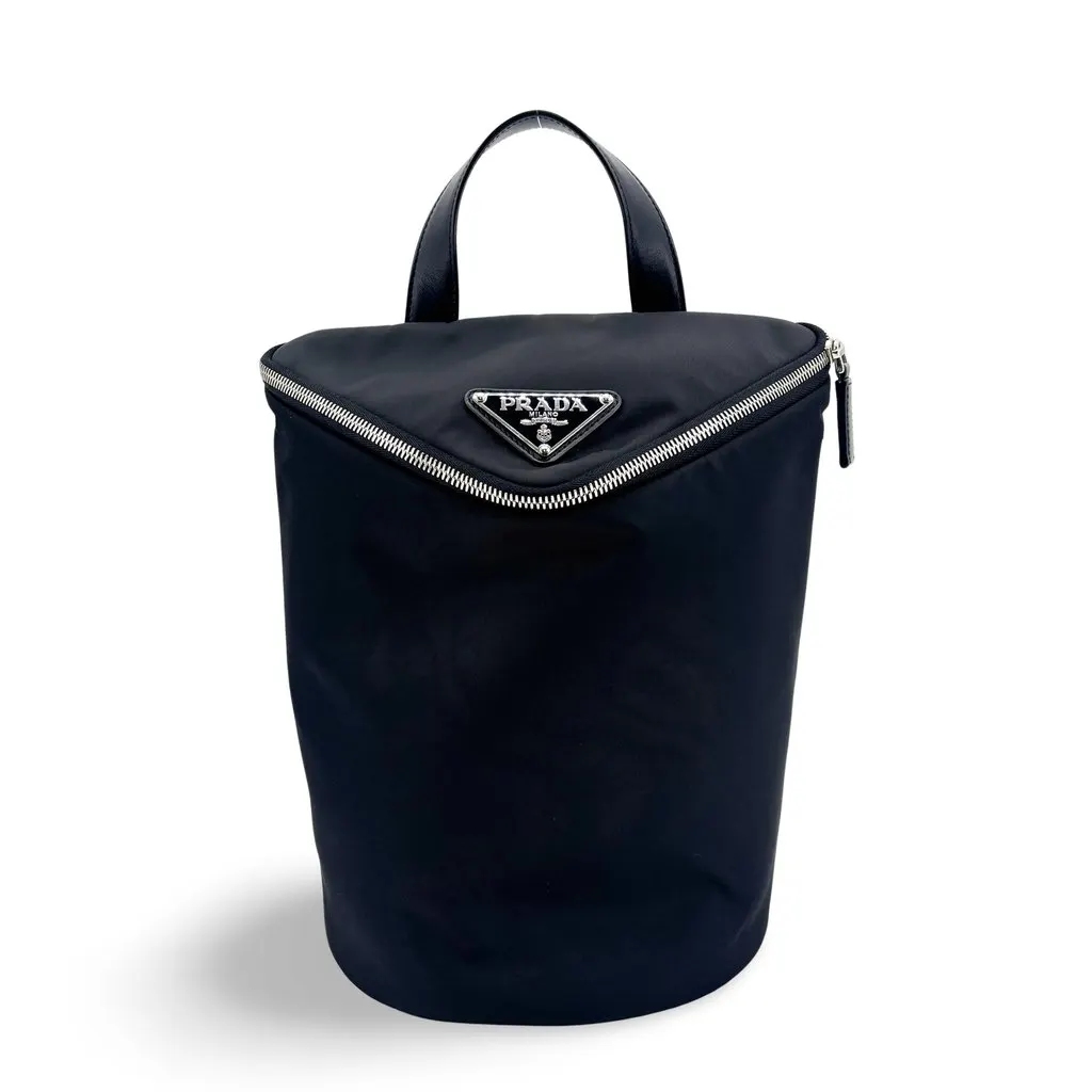 Prada Nylon Top Handle Bucket Bag Black Black Polyamide Good - Front View