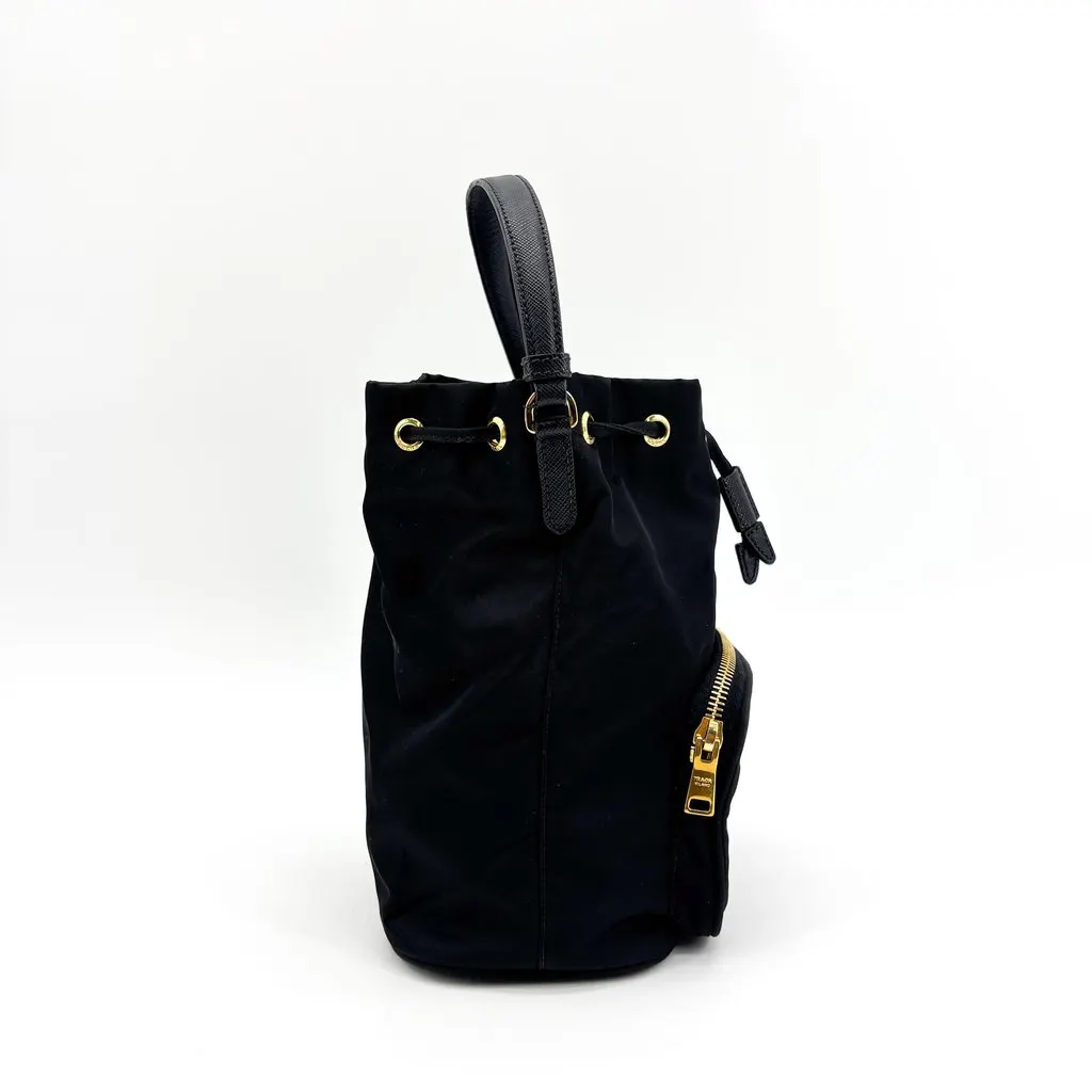 Prada Tessuto Nylon Bucket Bag Black Black Polyamide Good - Model View