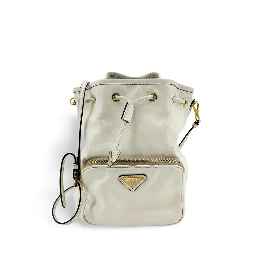 Prada Soft Leather Bucket Bag White Gold Hardware White Leather Good - Front View