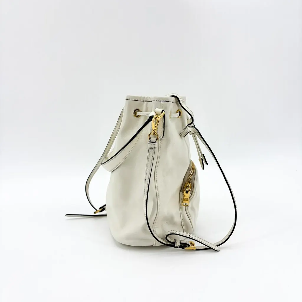 Prada Soft Leather Bucket Bag White Gold Hardware White Leather Good - Model View