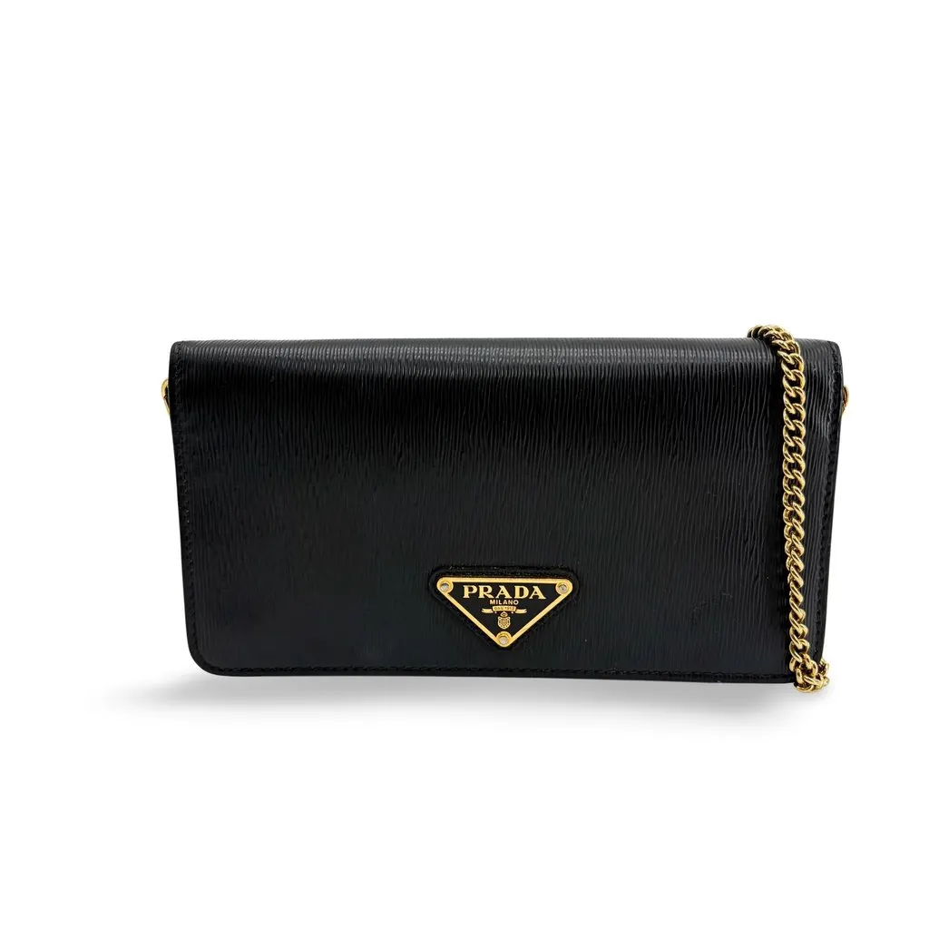 Prada Vitello Move Triangle Logo Chain Shoulder Bag Black Black Leather Good - Front View