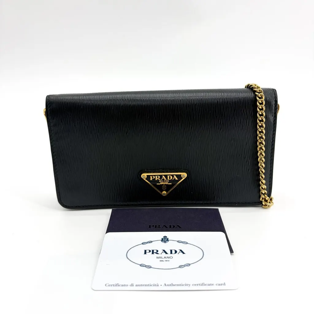 Prada Vitello Move Triangle Logo Chain Shoulder Bag Black Black Leather Good - Back View
