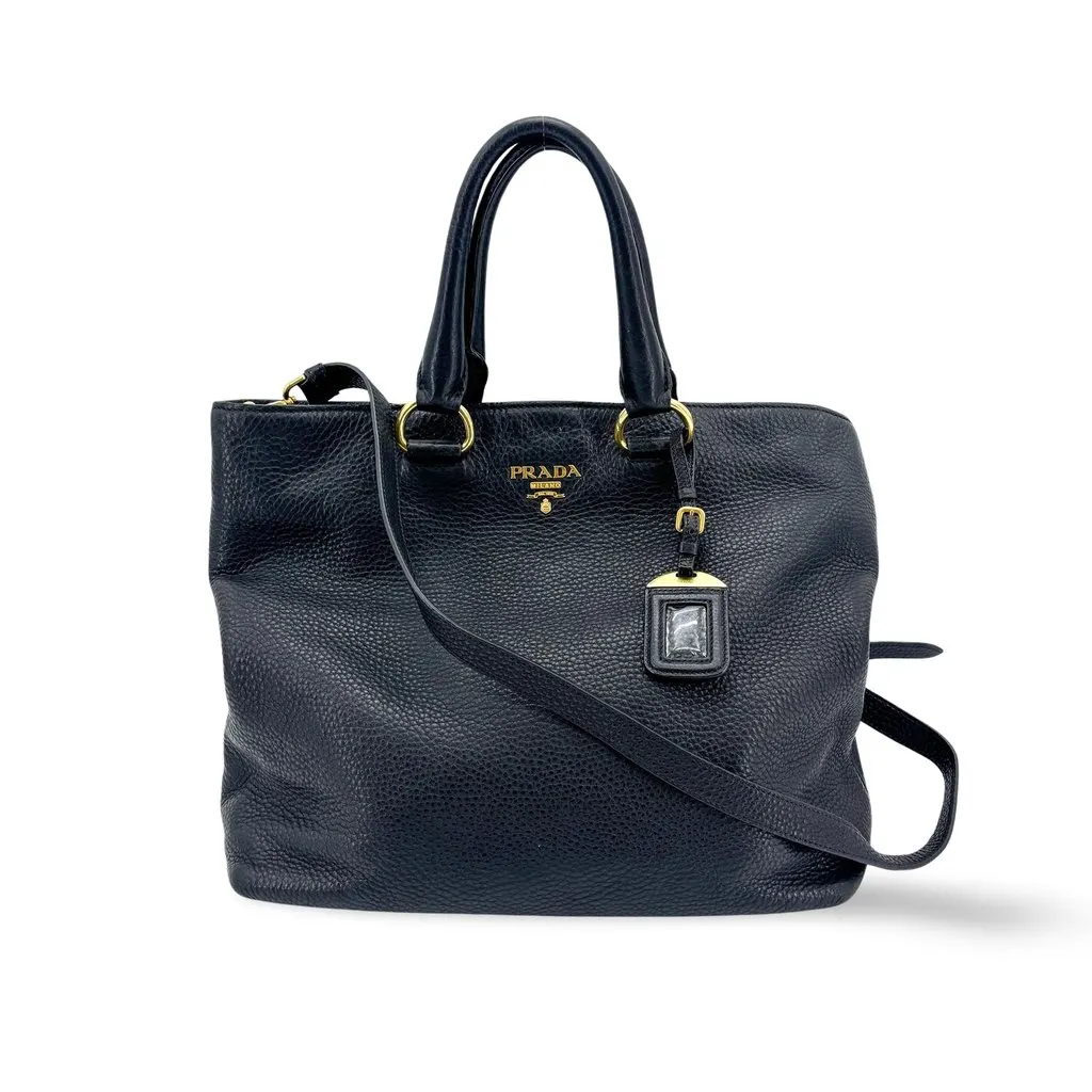 Prada Vitello Phenix 2-Way Tote Shoulder Bag Baltico Navy Navy Leather Good - Front View