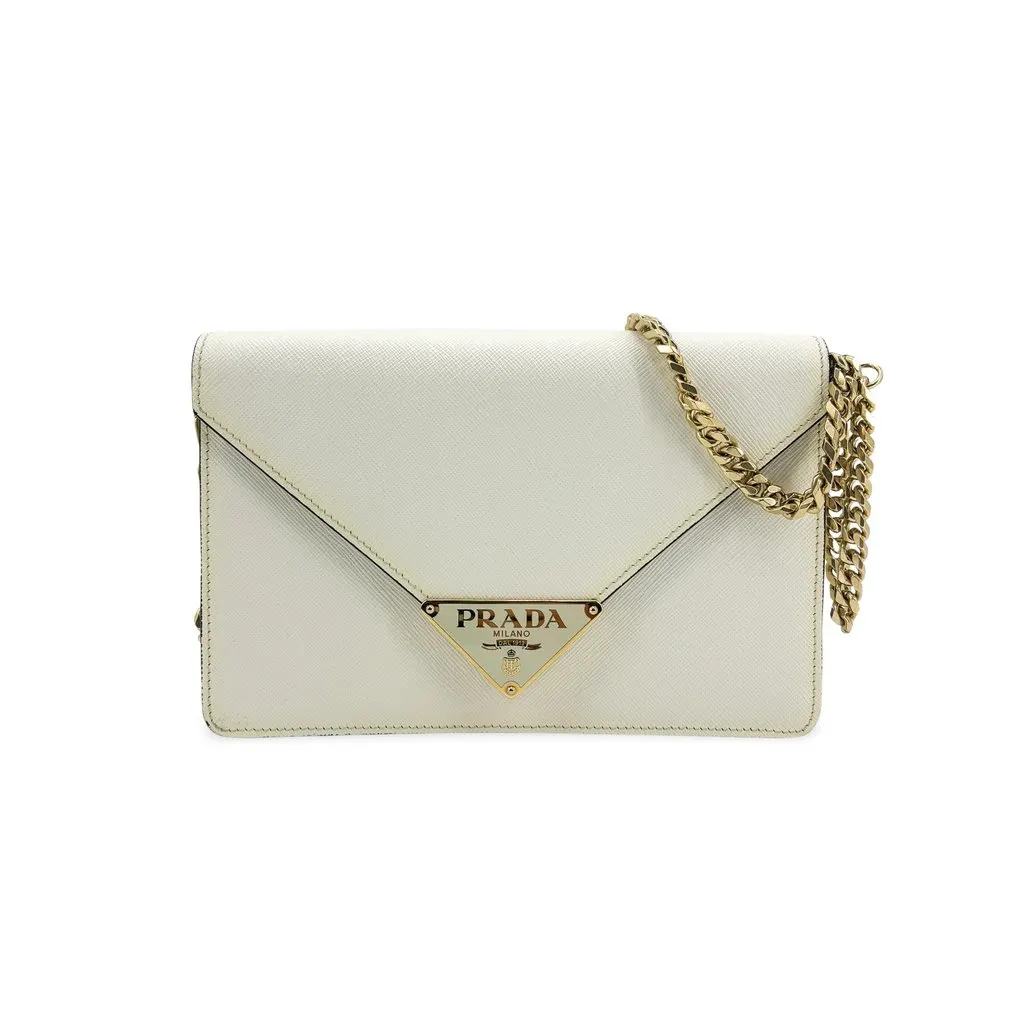 Prada Saffiano Envelope Chain Shoulder Bag White Gold Leather Good - Front View
