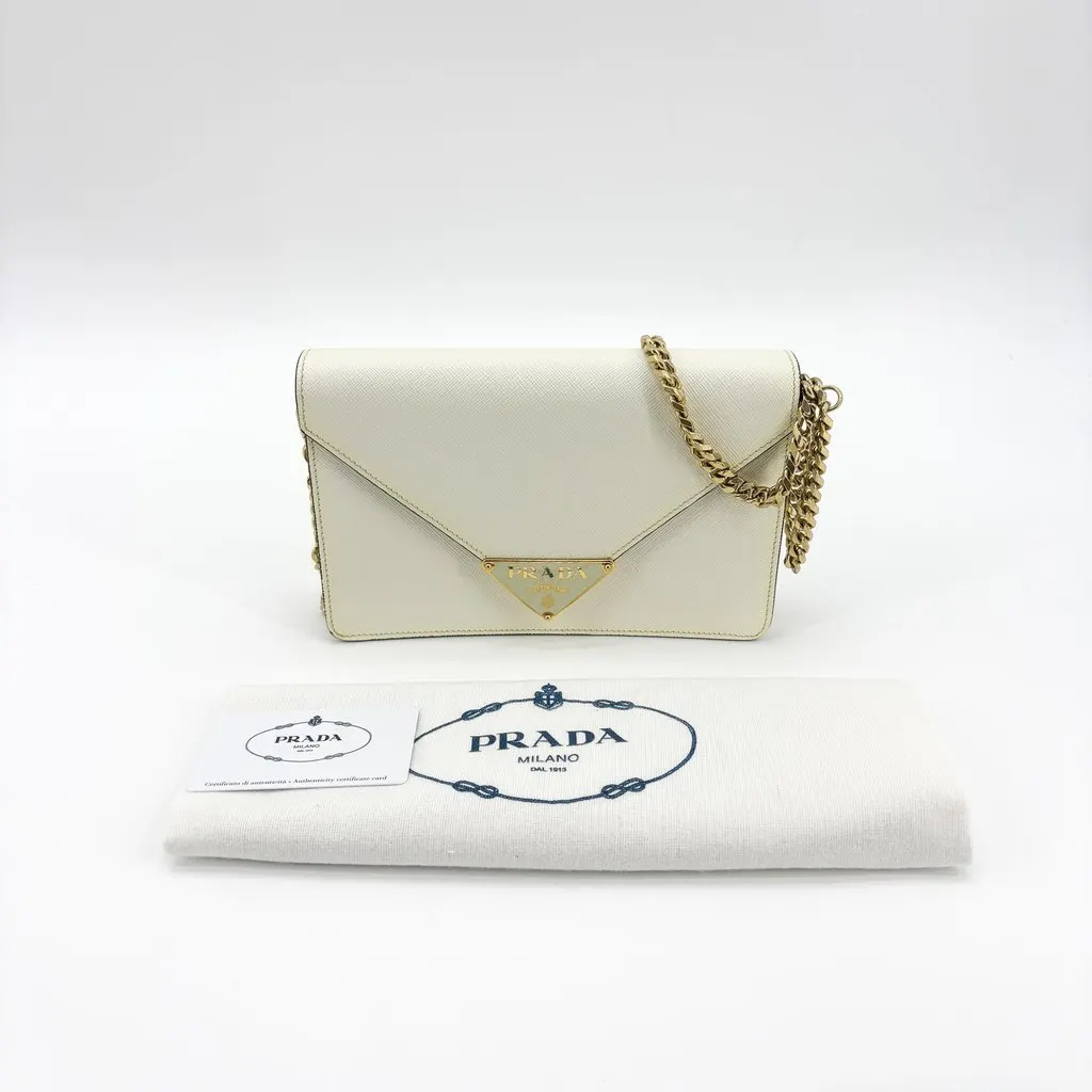 Prada Saffiano Envelope Chain Shoulder Bag White Gold Leather Good - Back View