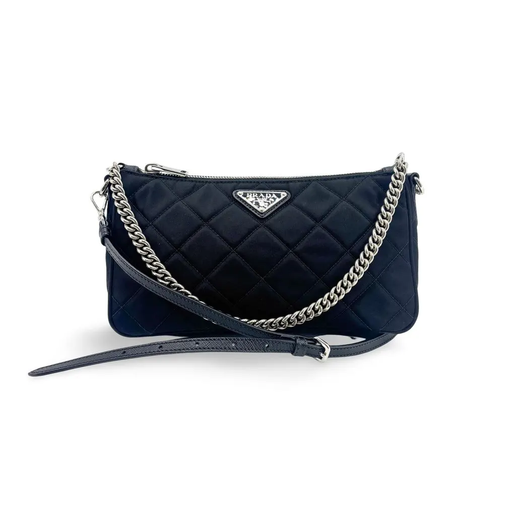 Prada Quilted Nylon Chain Shoulder Bag Black Black Polyamide Good - Front View