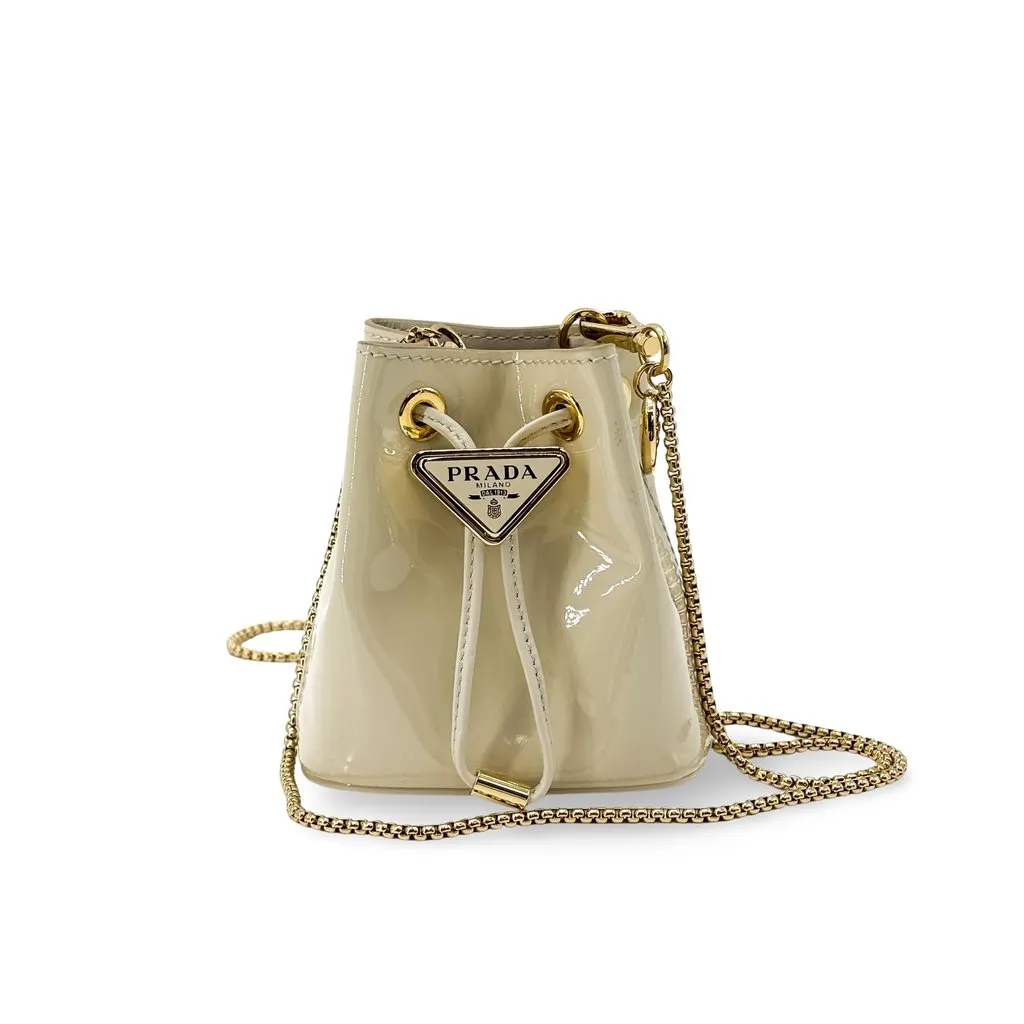 Prada Patent Leather Micro Bucket Bag Beige Gold Hardware Beige Leather Very good - Front View