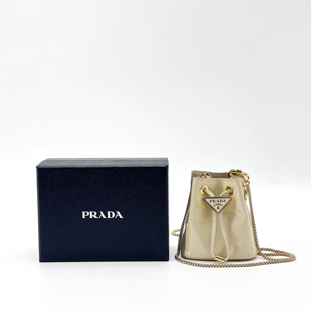 Prada Patent Leather Micro Bucket Bag Beige Gold Hardware Beige Leather Very good - Back View