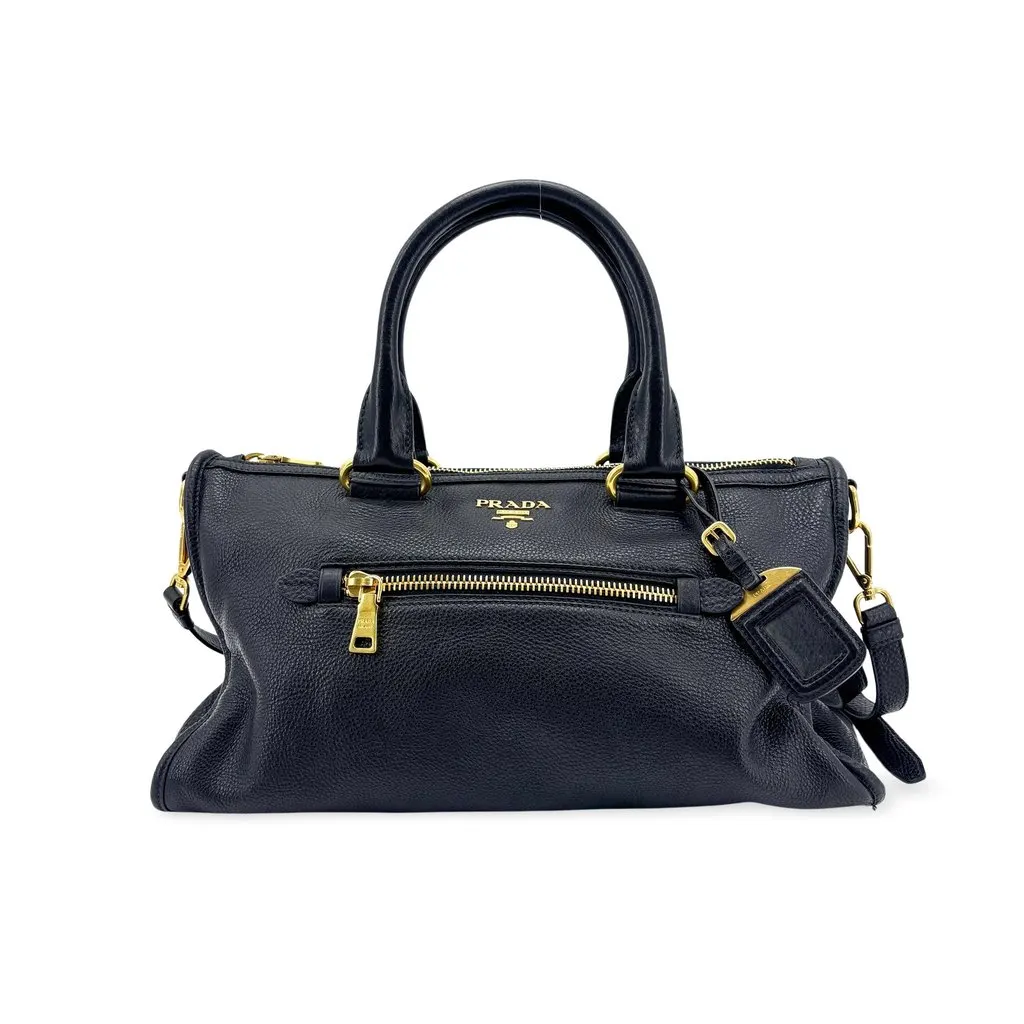 Prada Vitello Phenix 2-Way Tote Bag Black Black Leather Good - Front View