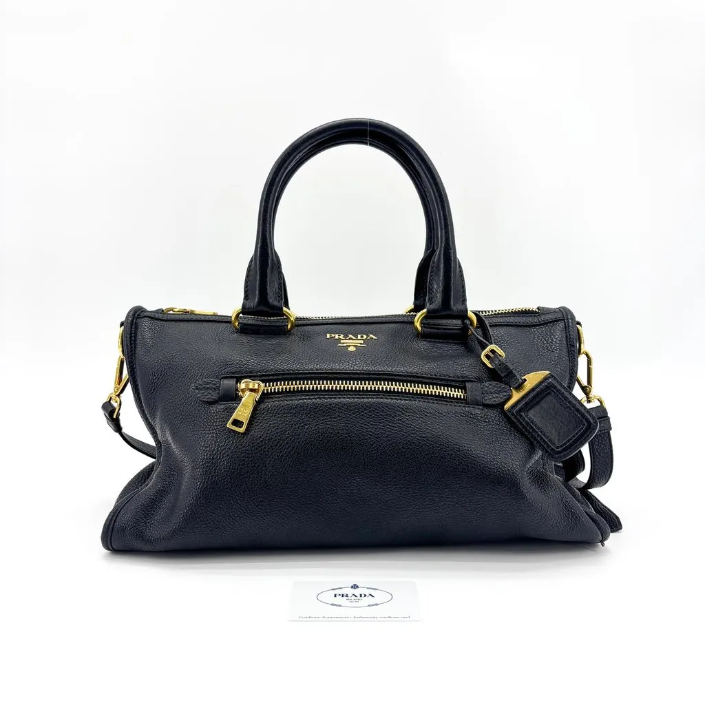Prada Vitello Phenix 2-Way Tote Bag Black Black Leather Good - Back View