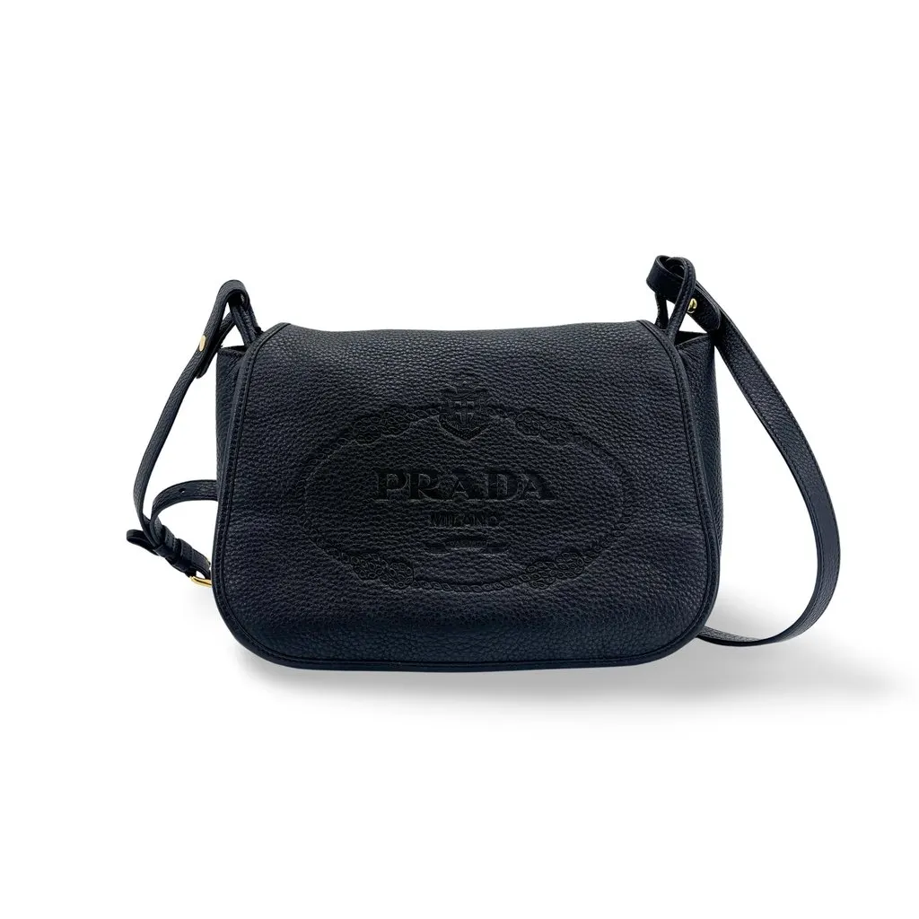Prada Vitello Phenix Flap Shoulder Bag Black Black Leather Good - Front View