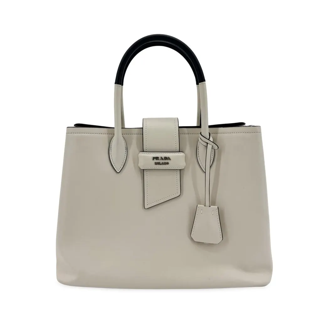 Prada Grace Calf Leather Tote Bag Ivory Black Black Leather Very good - Front View