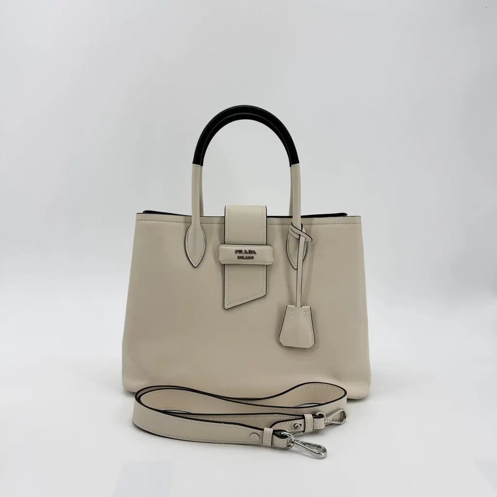 Prada Grace Calf Leather Tote Bag Ivory Black Black Leather Very good - Back View
