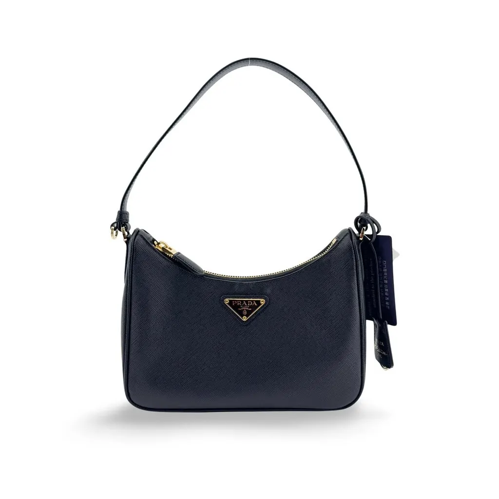 Prada Saffiano Leather Shoulder Bag Black Gold Hardware Black Leather Good - Front View