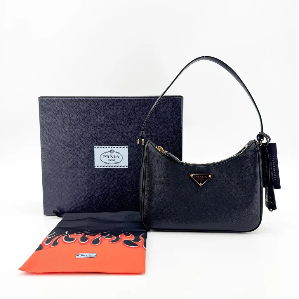 Prada Saffiano Leather Shoulder Bag Black Gold Hardware Black Leather Good - Back View