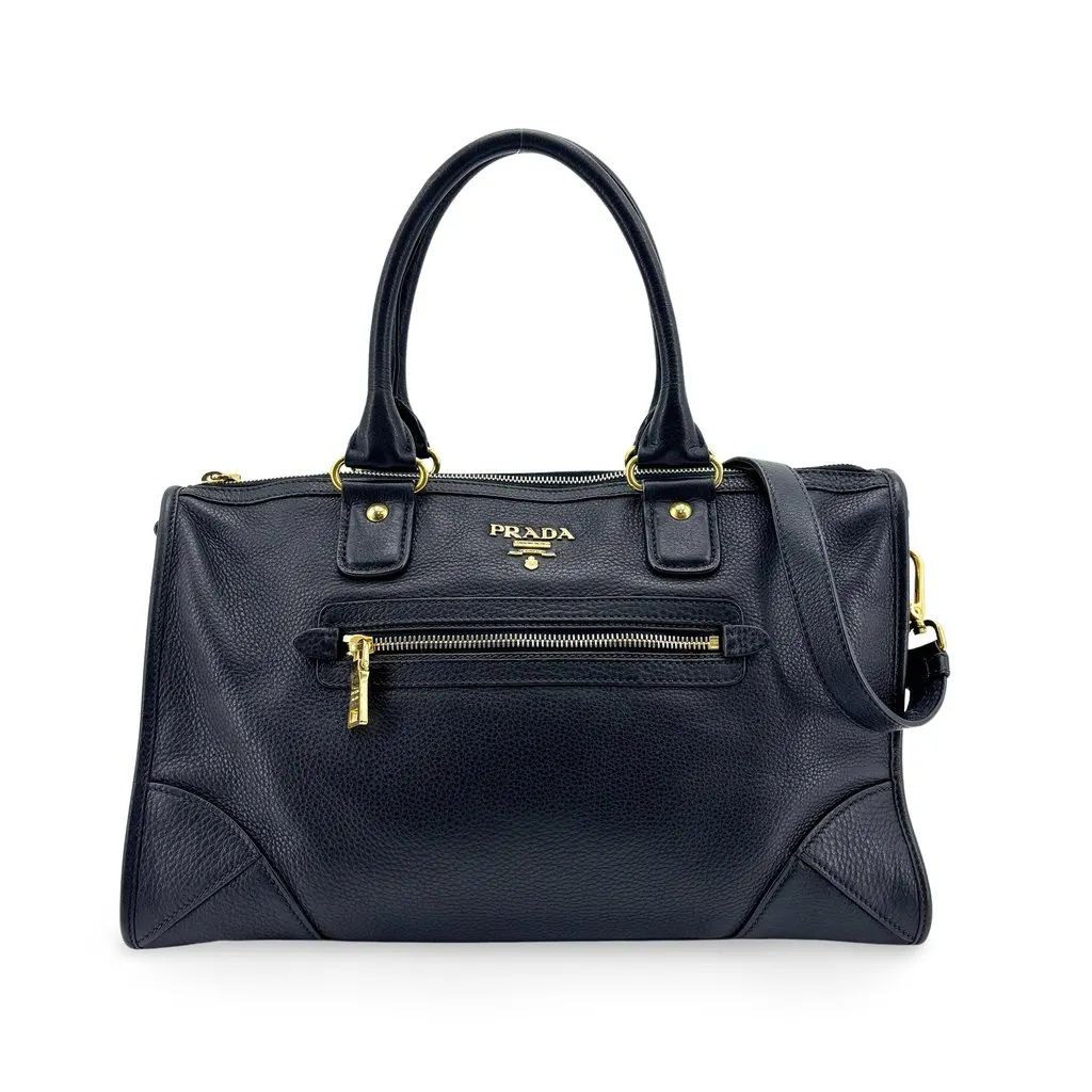 Prada Vitello Phenix 2-Way Tote Bag Black Black Leather Good - Front View
