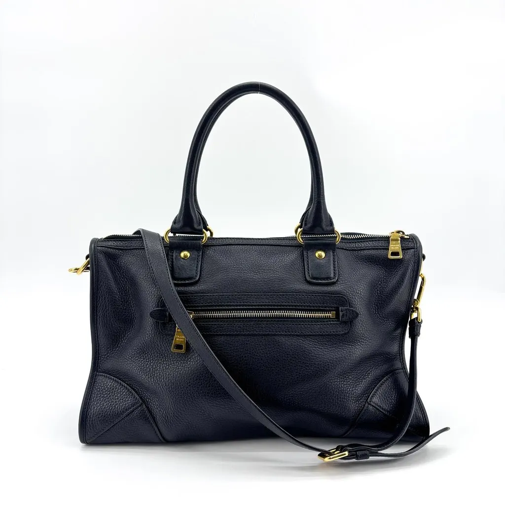 Prada Vitello Phenix 2-Way Tote Bag Black Black Leather Good - Back View