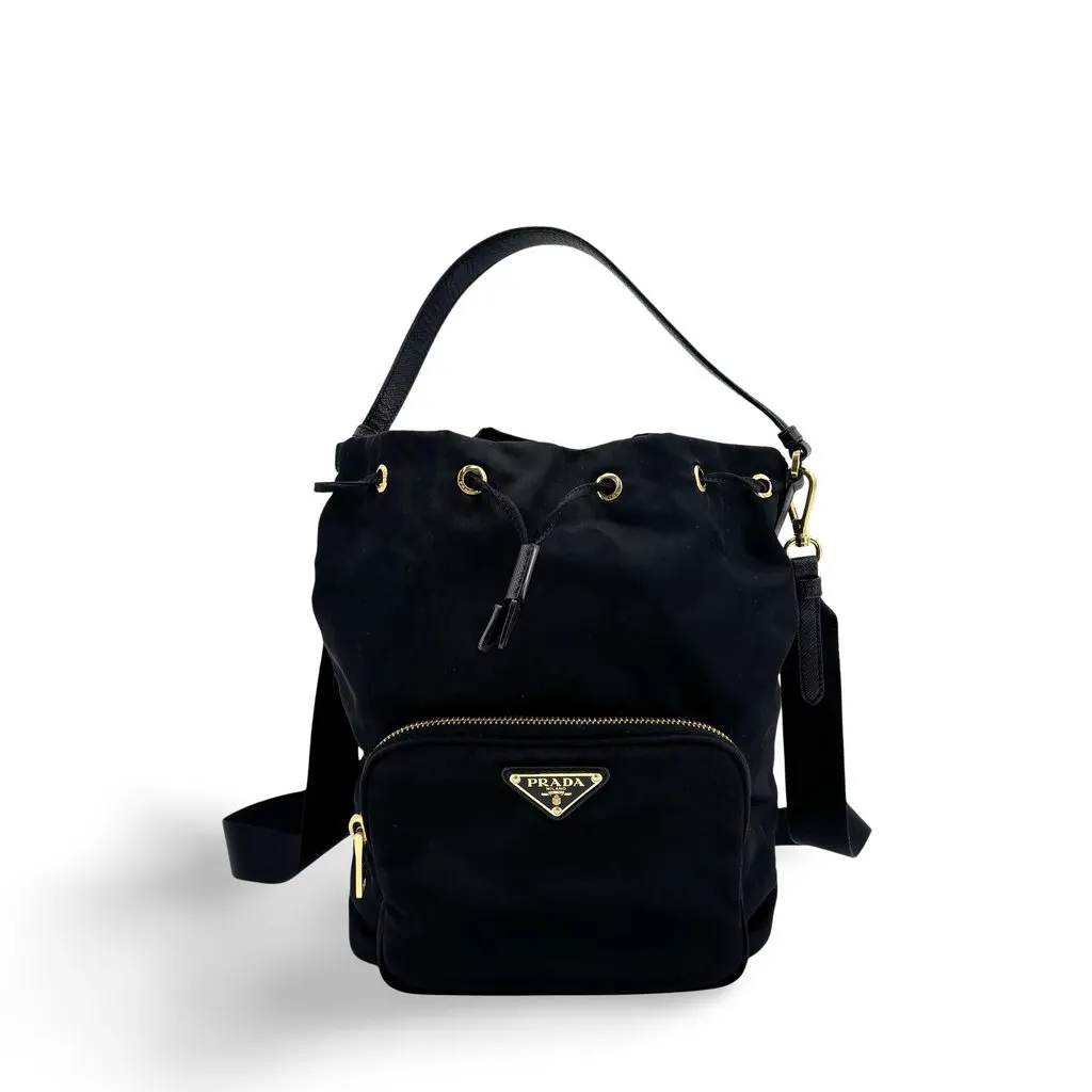 Prada Re-Nylon Duet Bucket Bag Black Black Polyamide Good - Front View