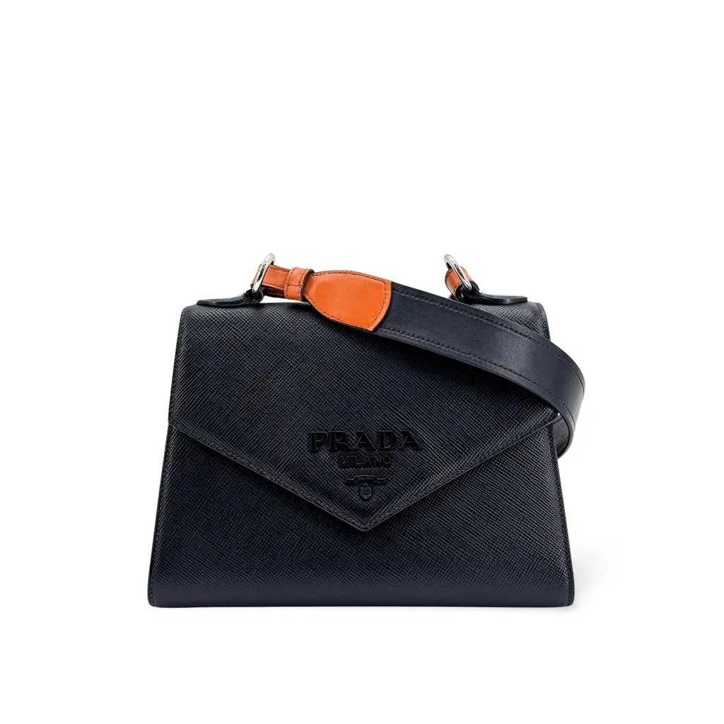 Prada Monochrome Saffiano Leather Top Handle 2Way Bag Navy Orange Navy Leather Very good - Front View