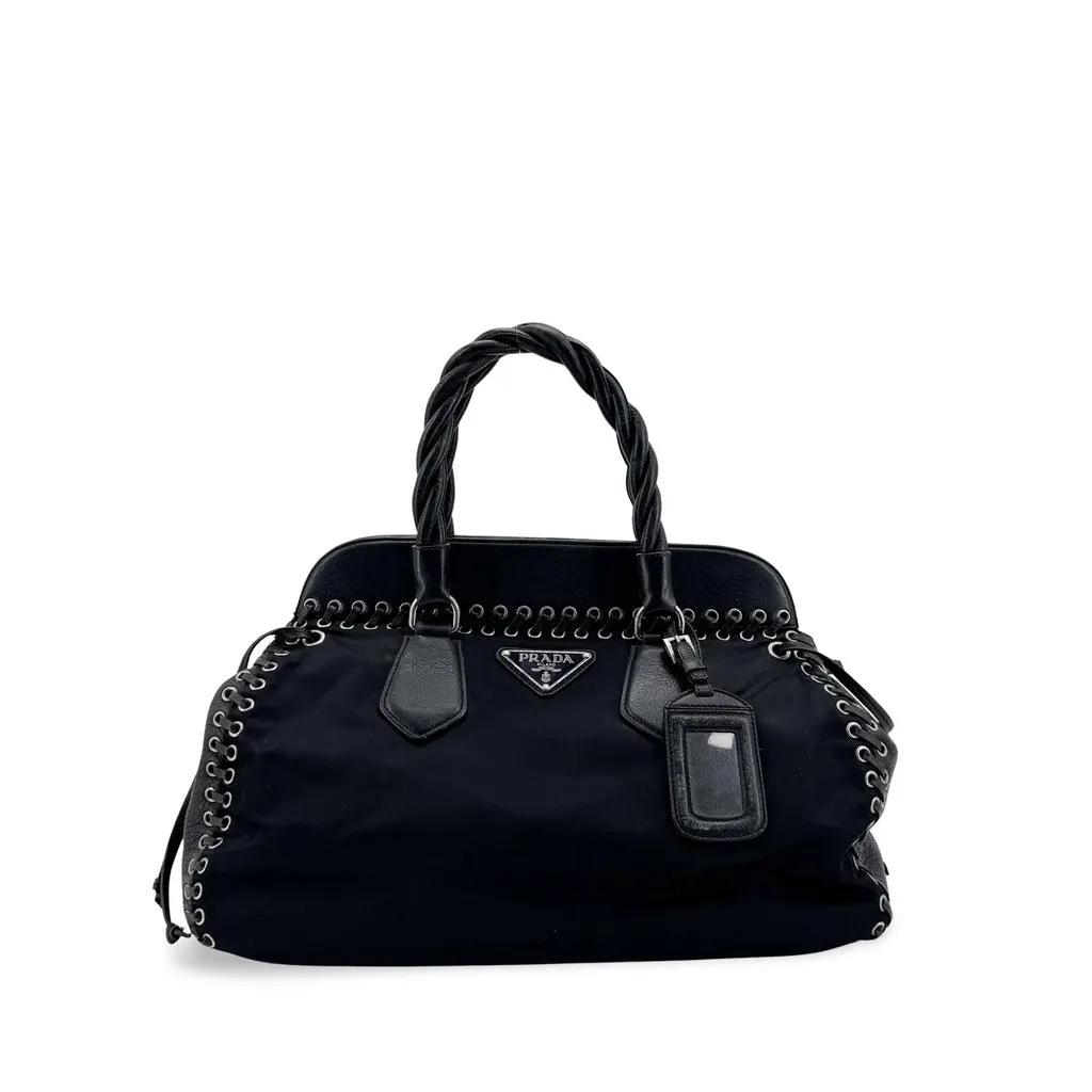 Prada Tessuto Nylon Eyelet Lace-Up Tote Bag Black