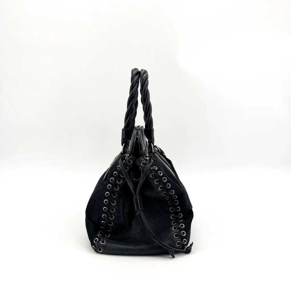 Prada Tessuto Nylon Eyelet Lace-Up Tote Bag Black Black Polyamide Very good - Model View