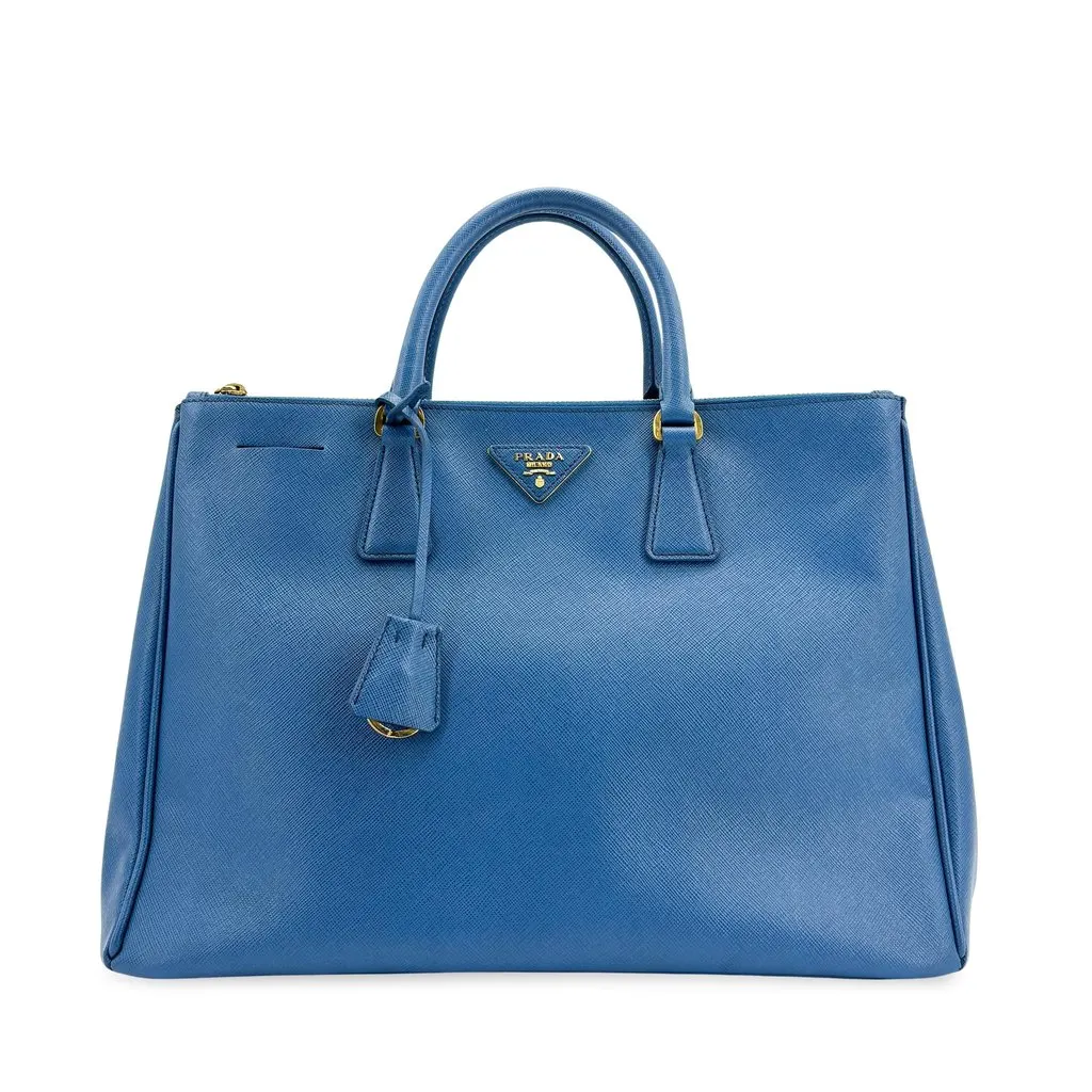 Prada Saffiano Galleria Large Double Zip Tote Bag Blue Gold Hardware Blue Leather Good - Front View