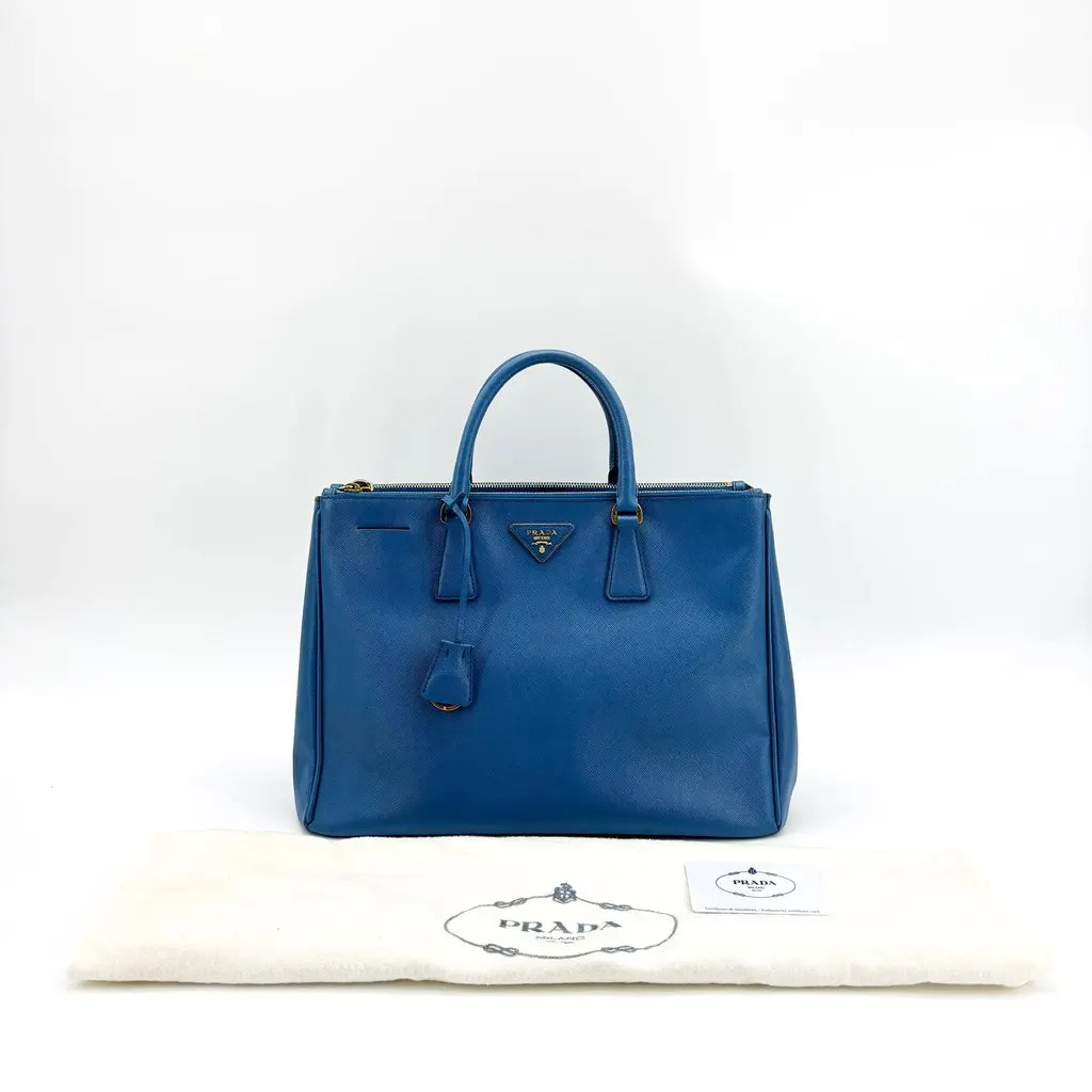Prada Saffiano Galleria Large Double Zip Tote Bag Blue Gold Hardware Blue Leather Good - Back View