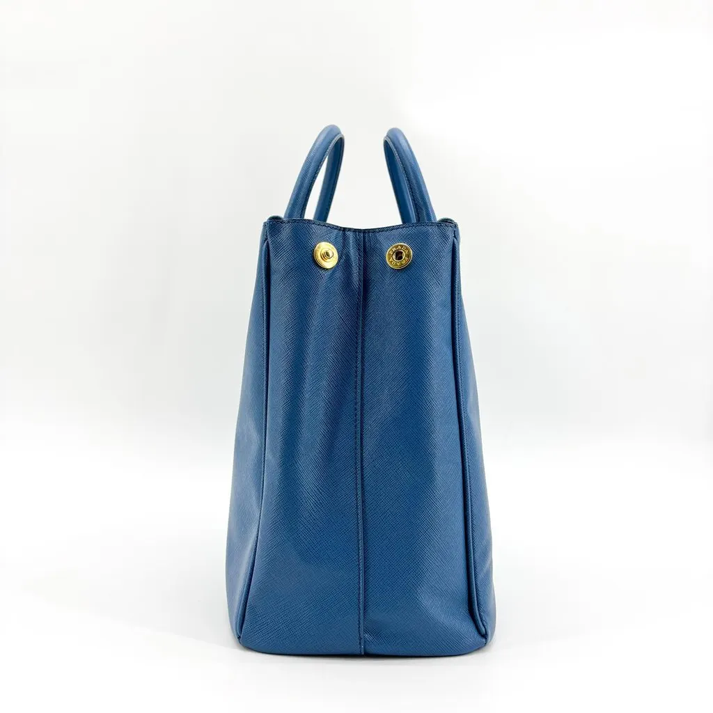 Prada Saffiano Galleria Large Double Zip Tote Bag Blue Gold Hardware Blue Leather Good - Model View
