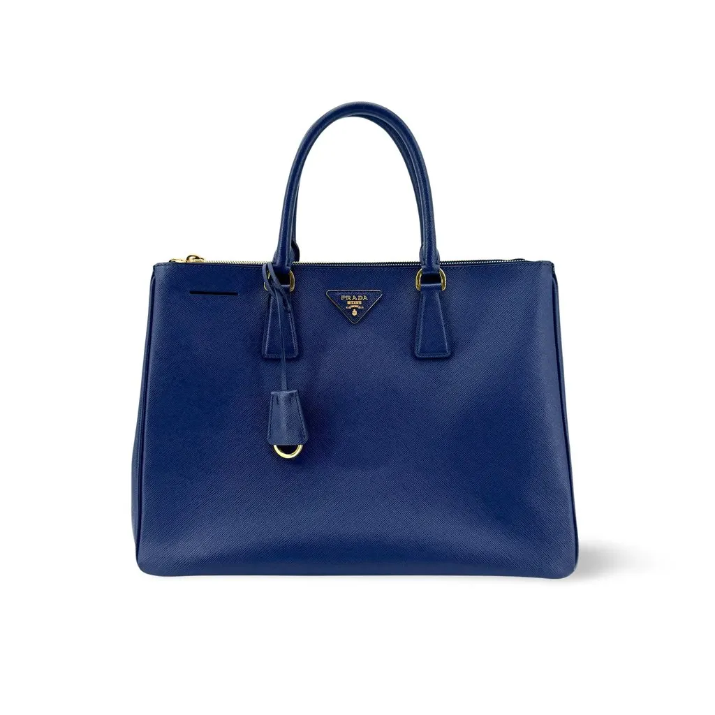 Prada Saffiano Lux Double Zip Tote Bag Navy Medium Blue Leather Very good - Front View