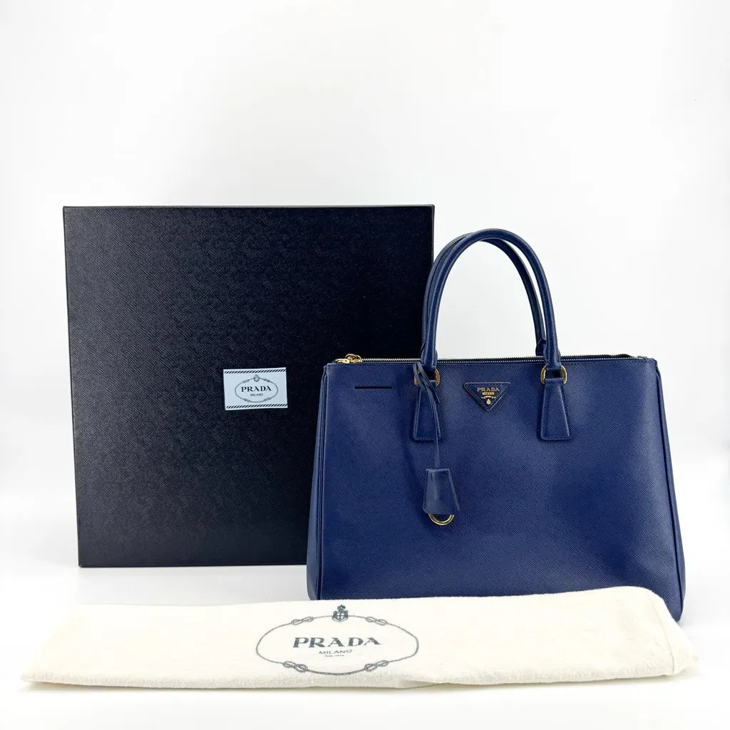 Prada Saffiano Lux Double Zip Tote Bag Navy Medium Blue Leather Very good - Back View