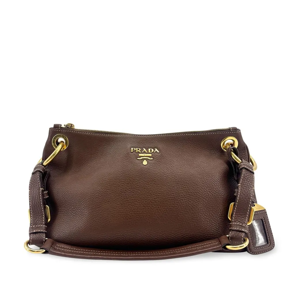 Prada Vitello Phenix Shoulder Bag Brown Brown Leather Good - Front View