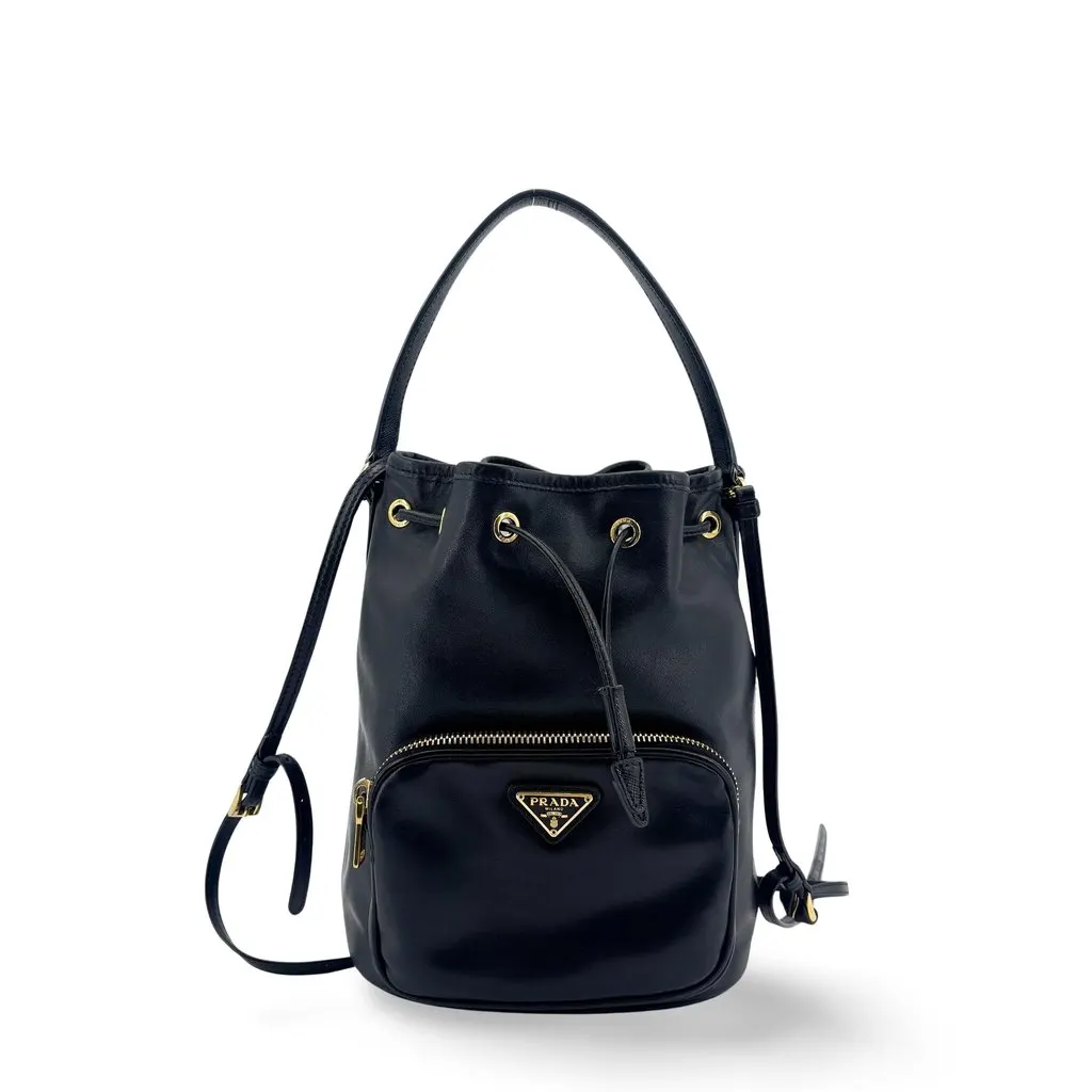 Prada Leather Duet Bucket Bag Black Black Leather Good - Front View