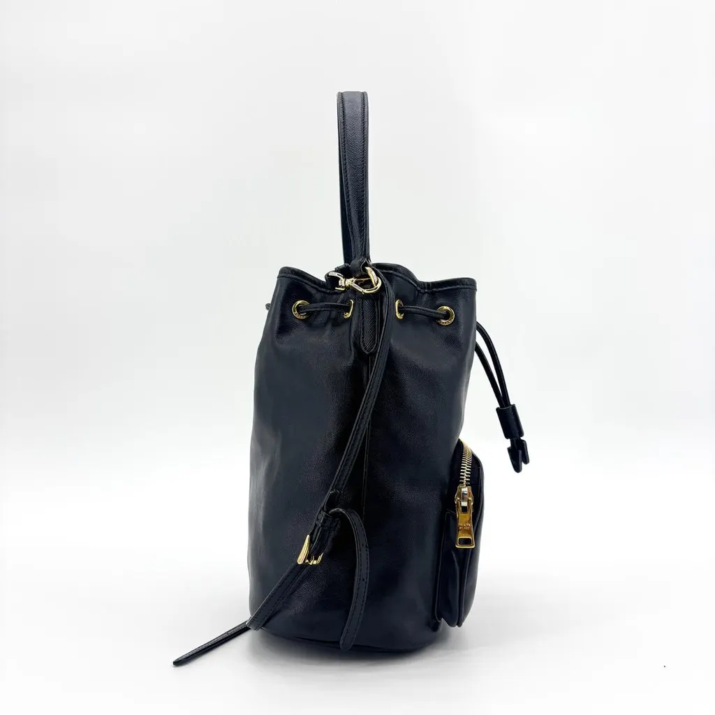 Prada Leather Duet Bucket Bag Black Black Leather Good - Model View