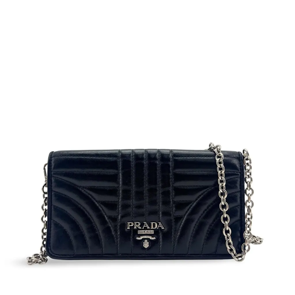 Prada Diagramme Soft Calf Chain Shoulder Bag Black Silver Hardware Black Leather Good - Front View