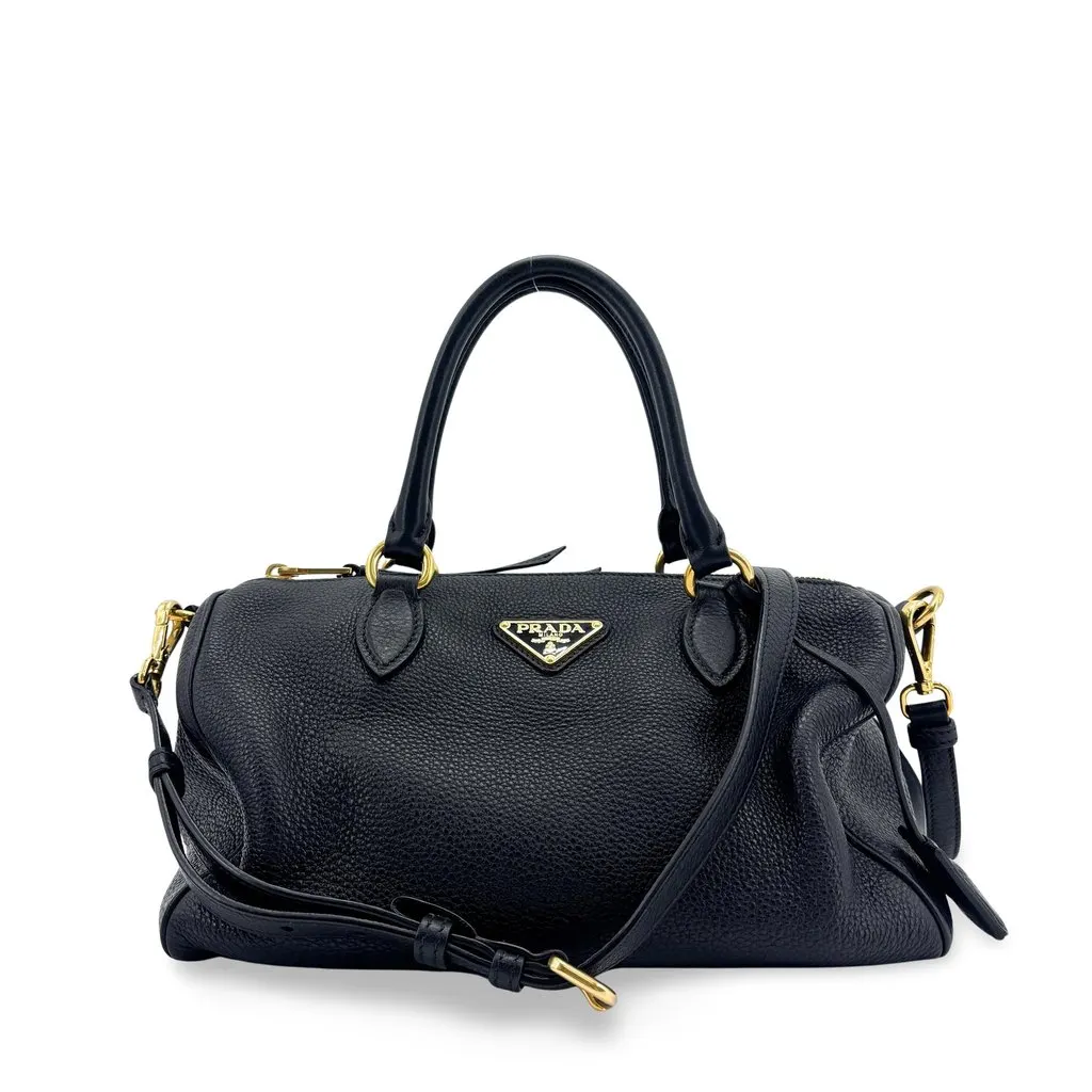 Prada Vitello Phenix Boston Bag Black Gold Black Leather Good - Front View