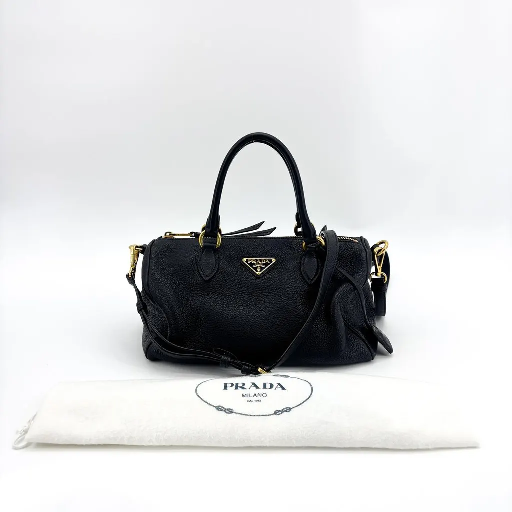 Prada Vitello Phenix Boston Bag Black Gold Black Leather Good - Back View
