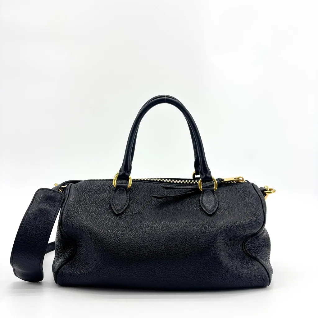 Prada Vitello Phenix Boston Bag Black Gold Black Leather Good - Inside View
