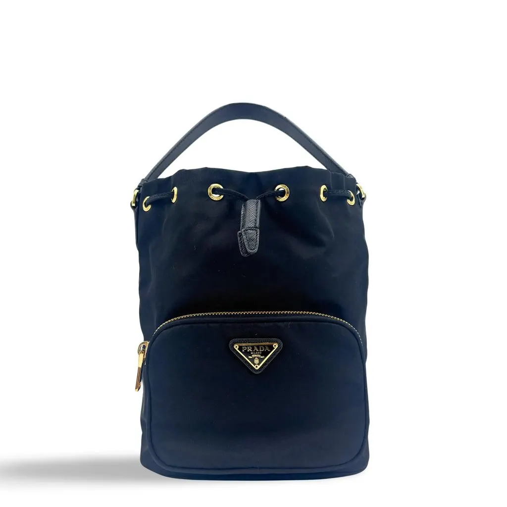 Prada Re-Nylon Duet Bucket Bag Black Gold Black Polyamide Good - Front View