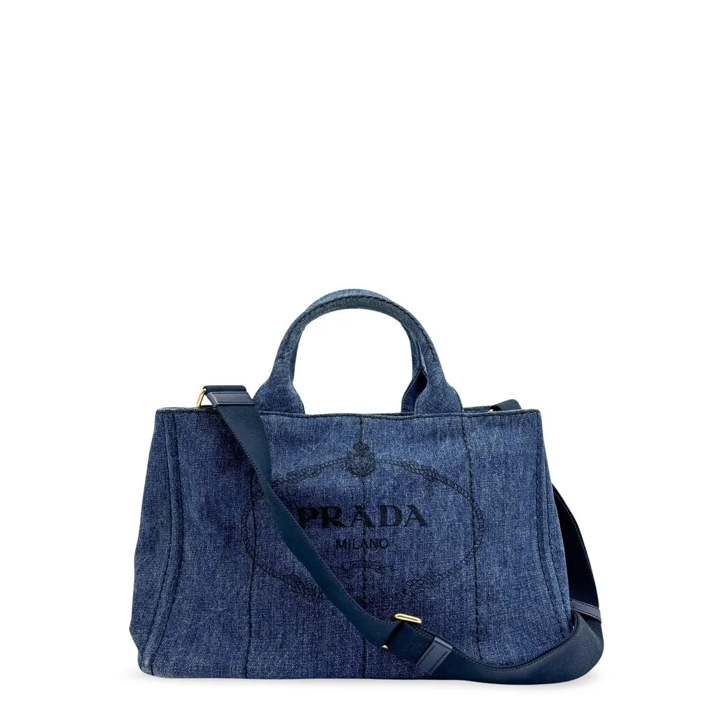 Prada Canapa Denim Tote Bag Small Blue Blue Denim Good - Front View