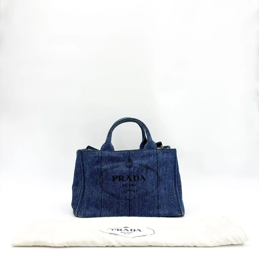 Prada Canapa Denim Tote Bag Small Blue Blue Denim Good - Back View