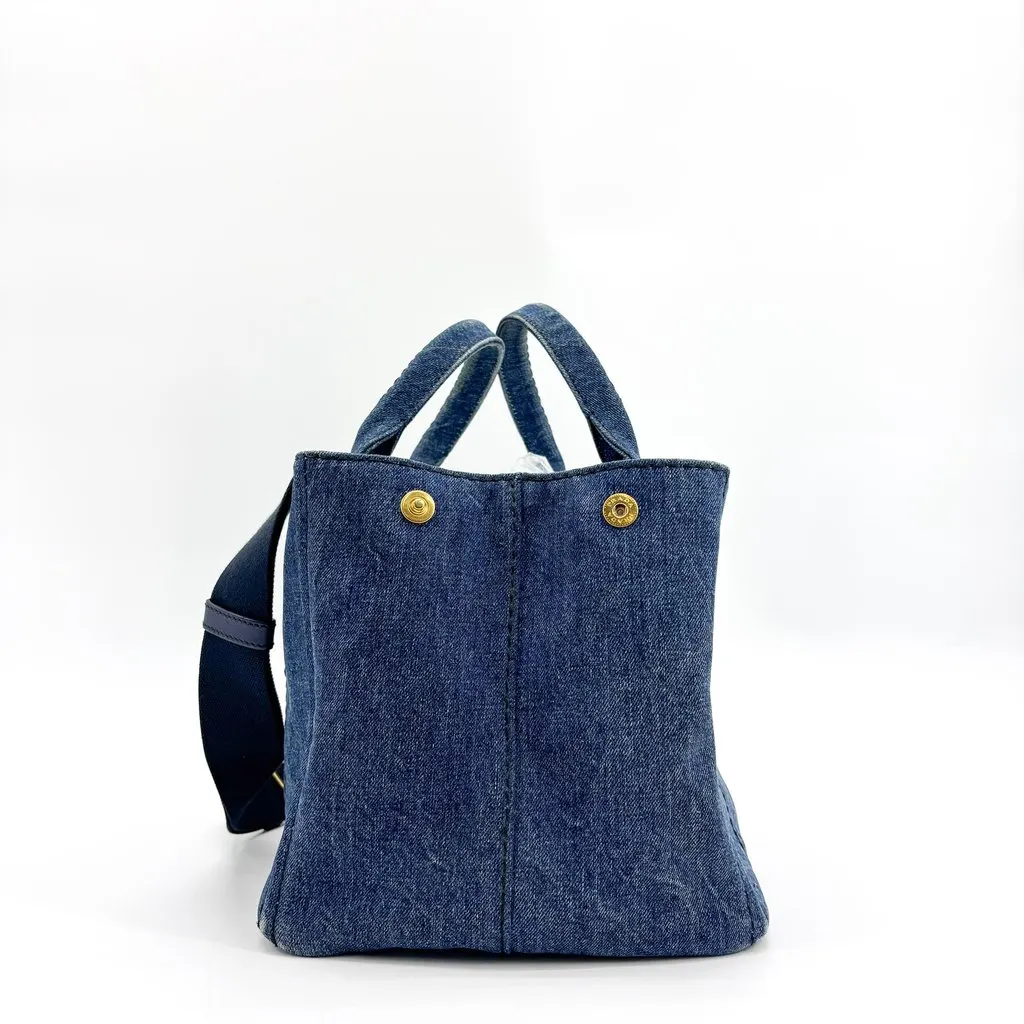 Prada Canapa Denim Tote Bag Small Blue Blue Denim Good - Model View