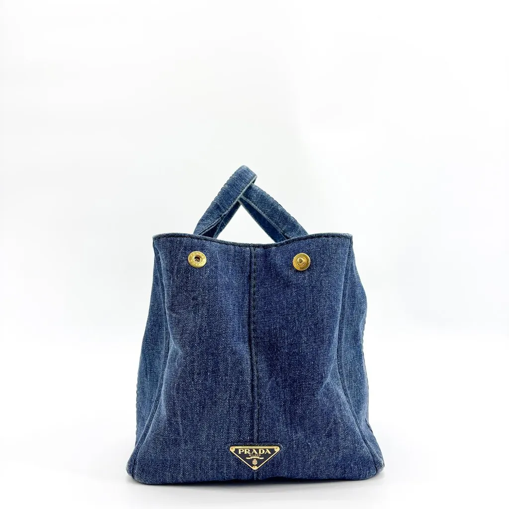 Prada Canapa Denim Tote Bag Small Blue Blue Denim Good - Box View
