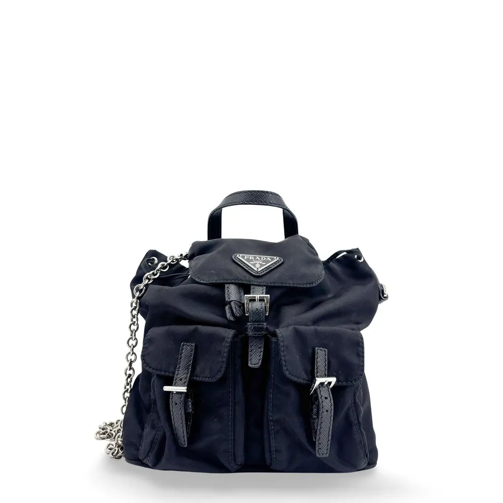 Prada Tessuto Nylon Mini Chain Backpack Black Black Polyamide Good - Front View