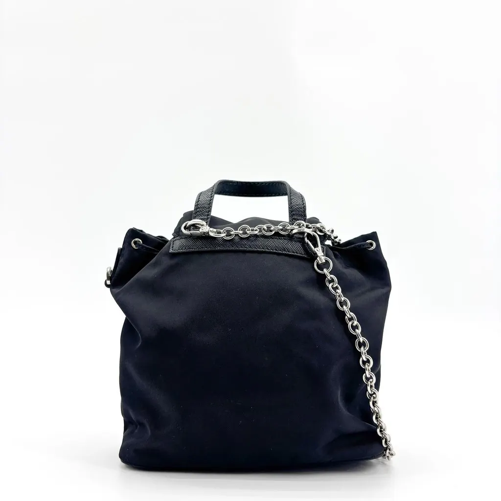 Prada Tessuto Nylon Mini Chain Backpack Black Black Polyamide Good - Back View