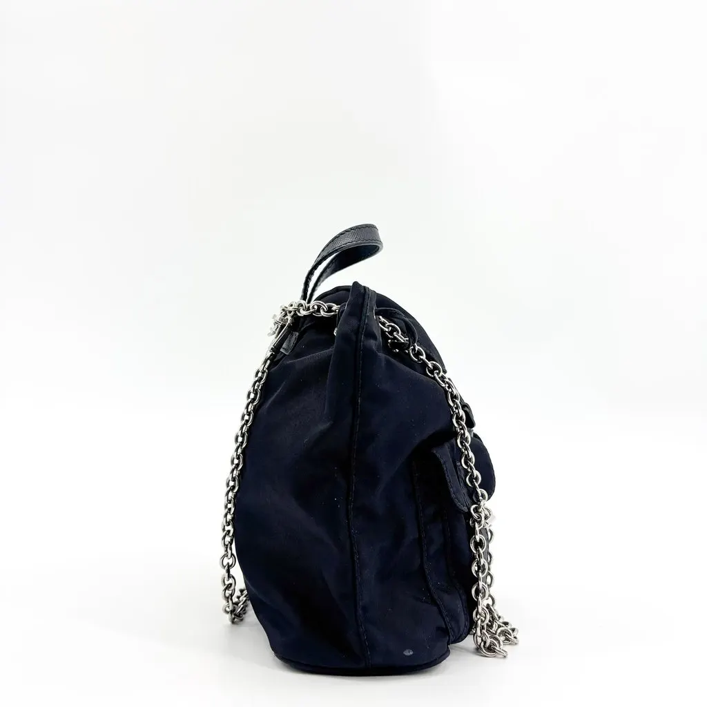 Prada Tessuto Nylon Mini Chain Backpack Black Black Polyamide Good - Model View