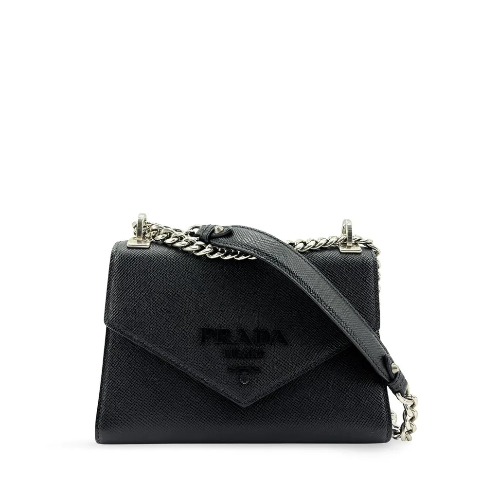 Prada Monochrome Saffiano Leather Shoulder Bag Black Black Leather Very good - Front View