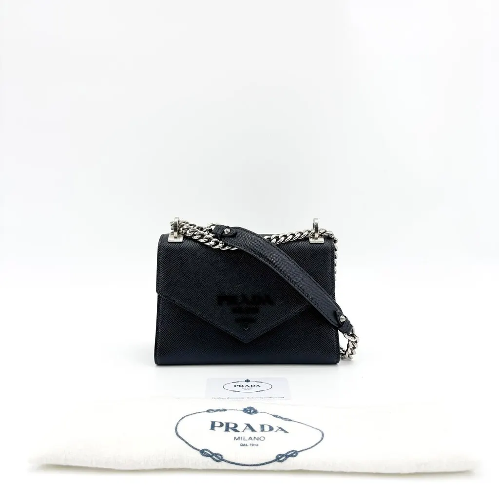 Prada Monochrome Saffiano Leather Shoulder Bag Black Black Leather Very good - Back View