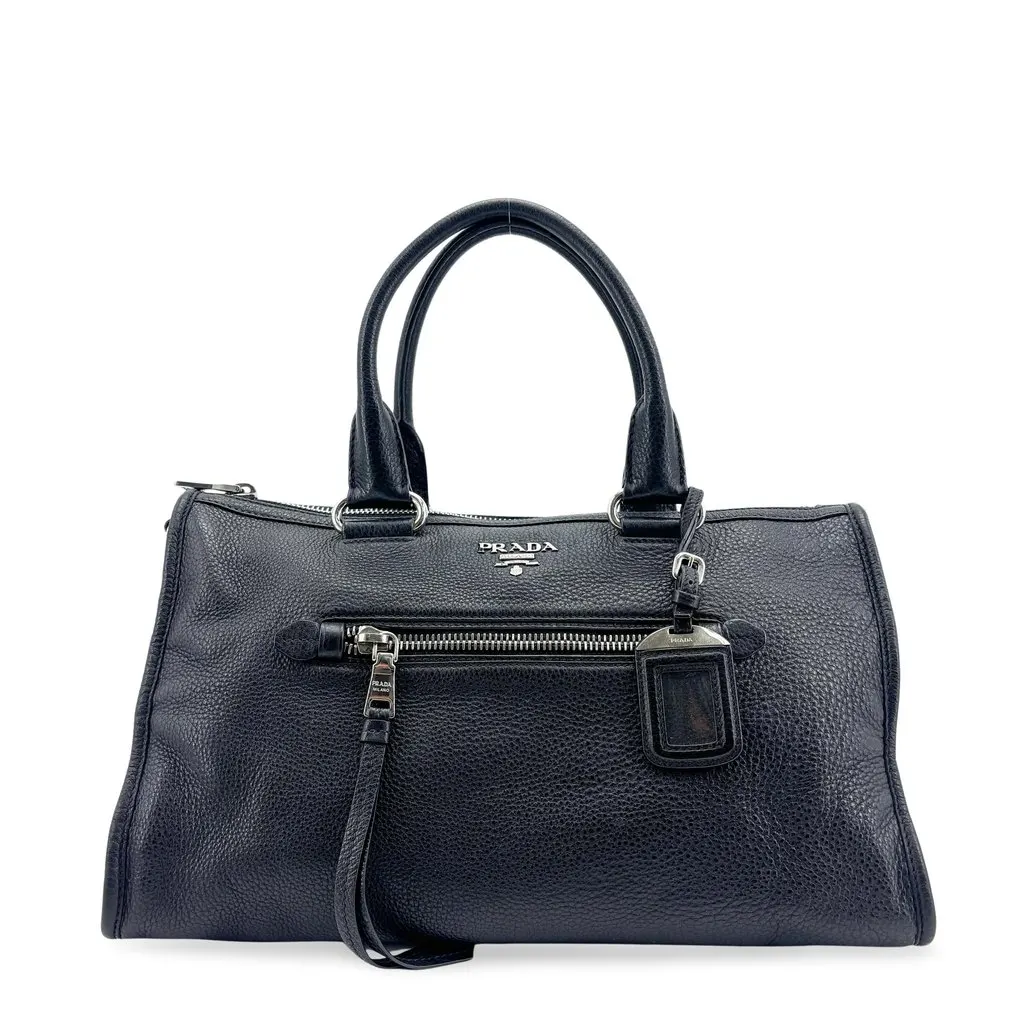 Prada Vitello Phenix Bauletto Bag Black Black Leather Good - Front View