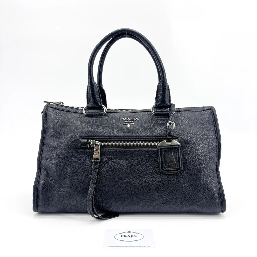 Prada Vitello Phenix Bauletto Bag Black Black Leather Good - Back View